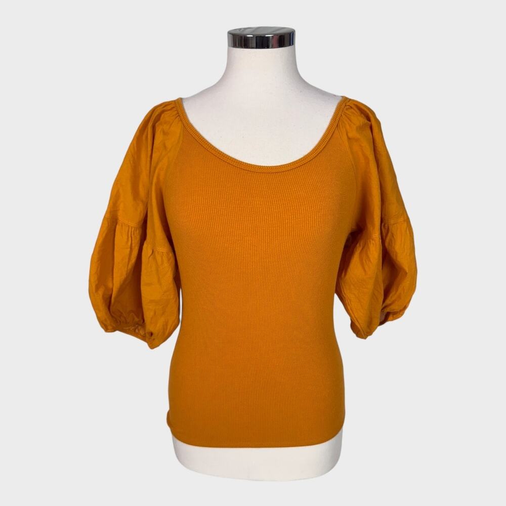 Grace + Karma Medium Women's Puff Sleeve Orange Rust Ribbed Top